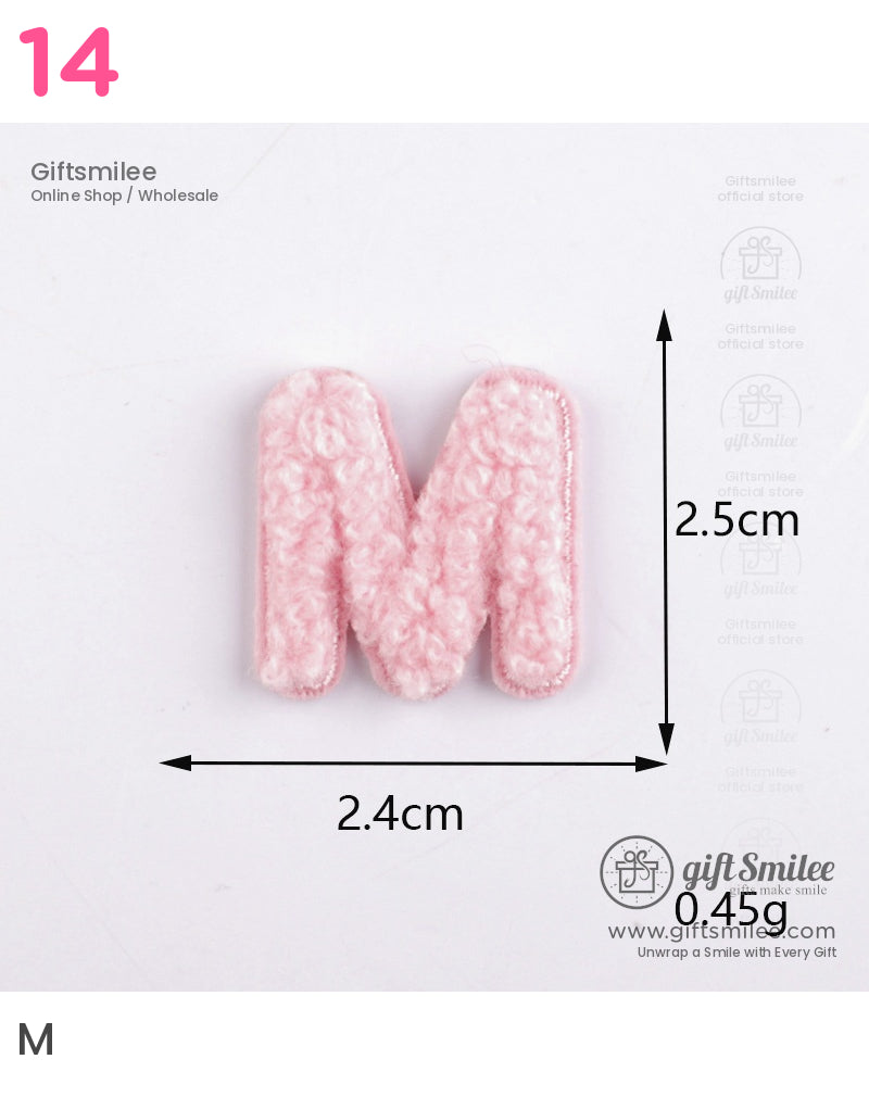 Pink chenille fabric letter M applique soft texture 25cm x 24cm lightweight design at 045g