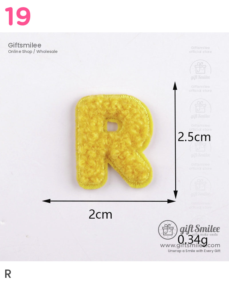 Yellow textured chenille letter R patch 25cm tall 2cm wide lightweight at 034g soft fabric design