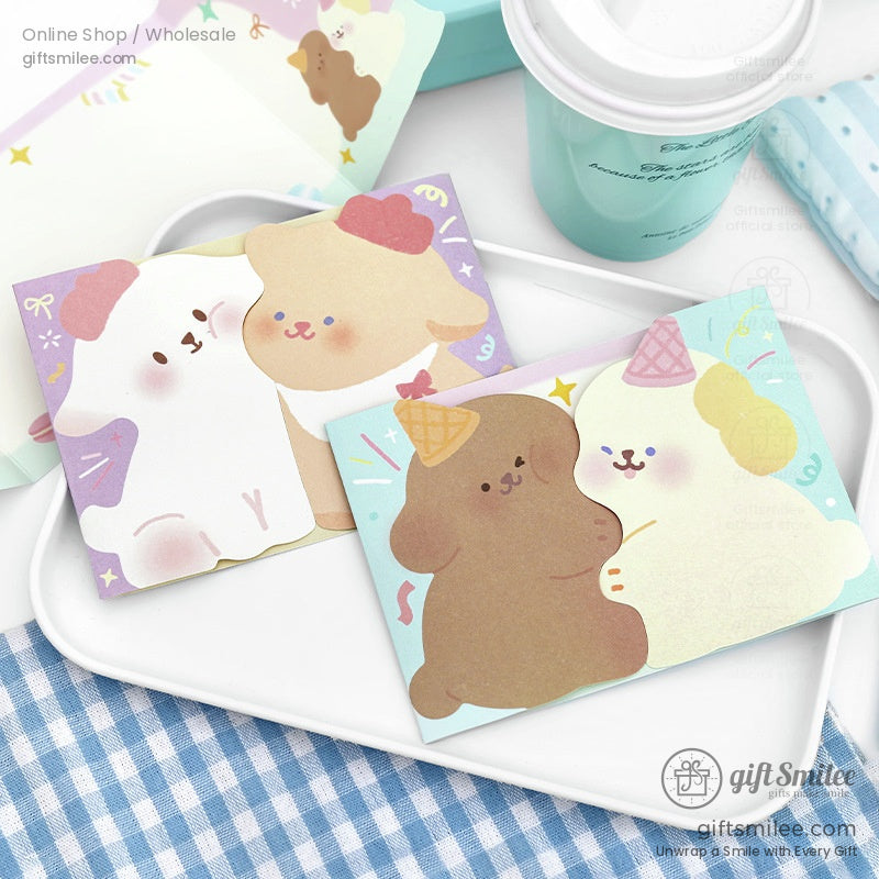 Adorable dog-themed sticky notes featuring ice cream and party hats