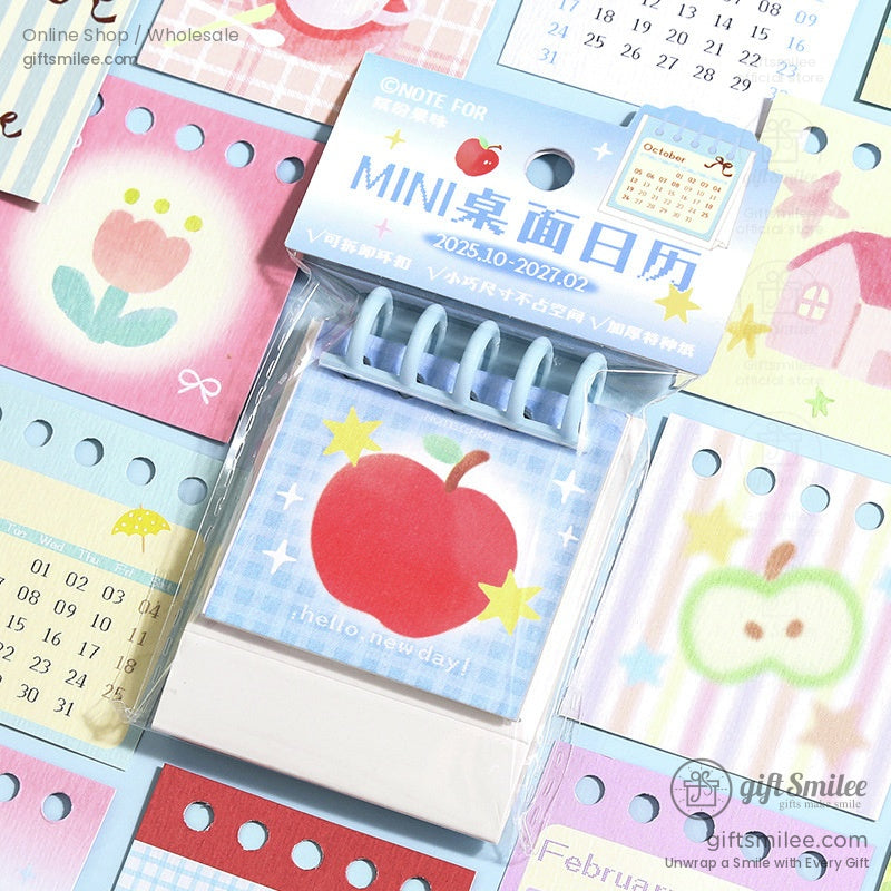 Aesthetic flip calendar with an apple design and pastel themed packaging for 2025-2027