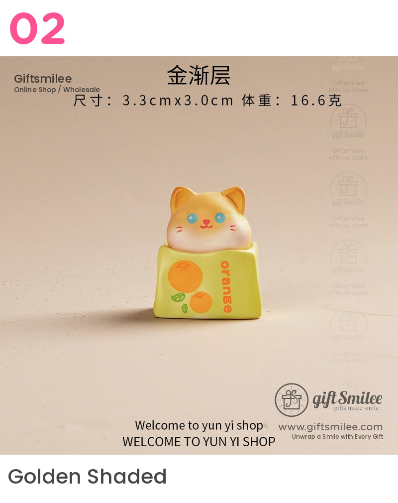 Cute orangeandyellow cat figurine in a green box with orange fruit graphics and playful orange text