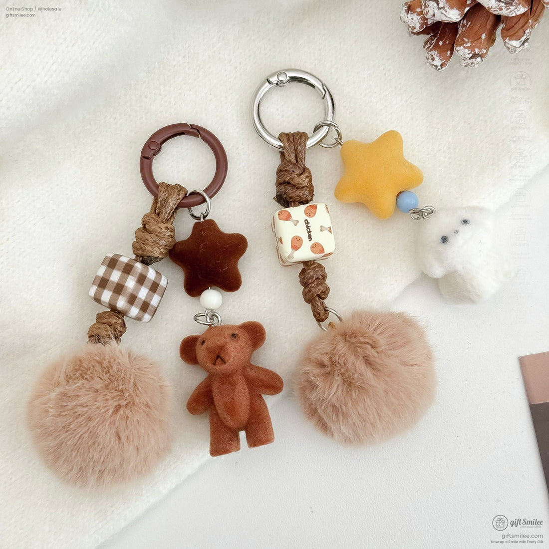 Brown braided keychains with soft beige pompoms plush bear gingham cube star charms and whimsical bead accents