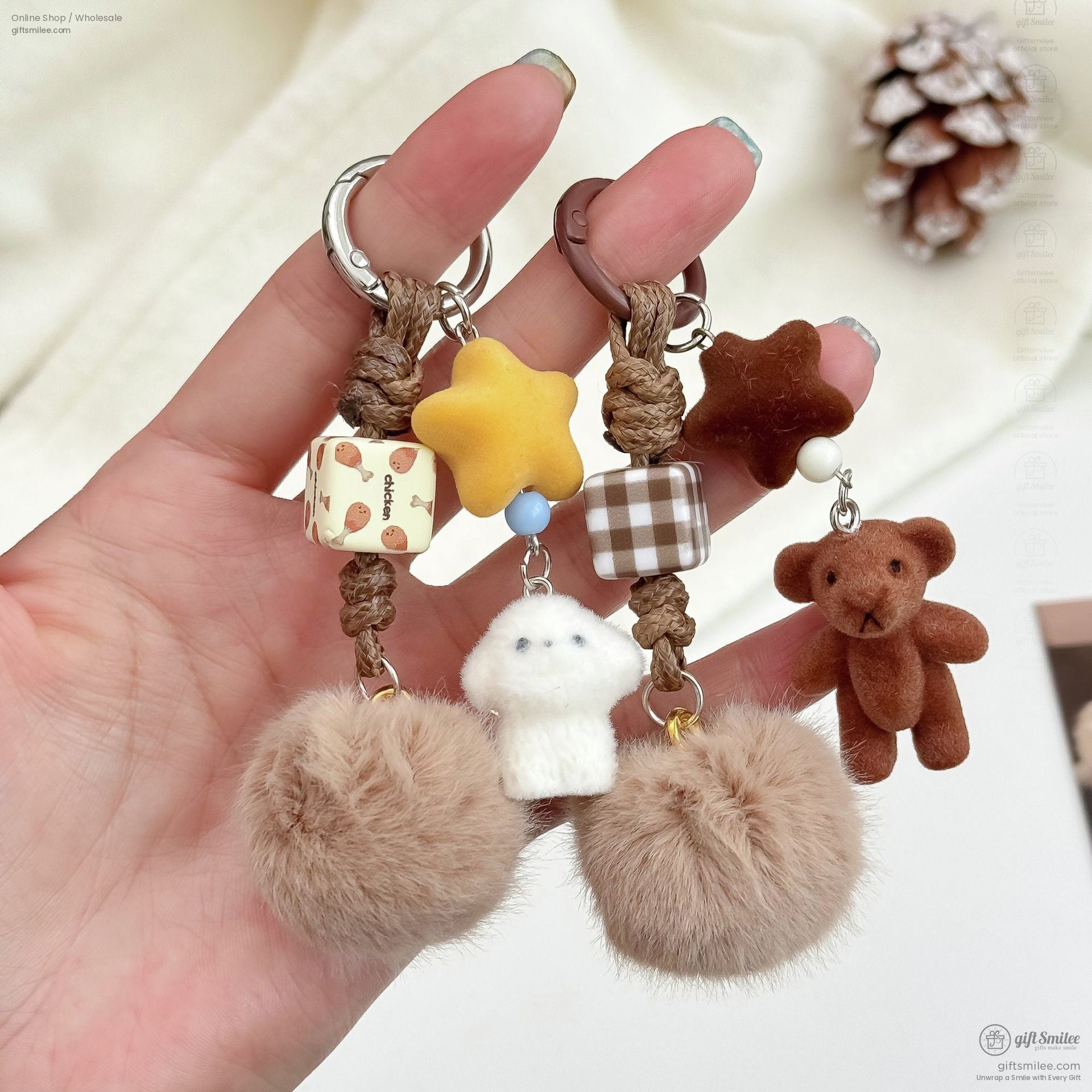Beige fluffy pompom keychains with braided rope plush bear charm gingham cube star beads and mushroom accent