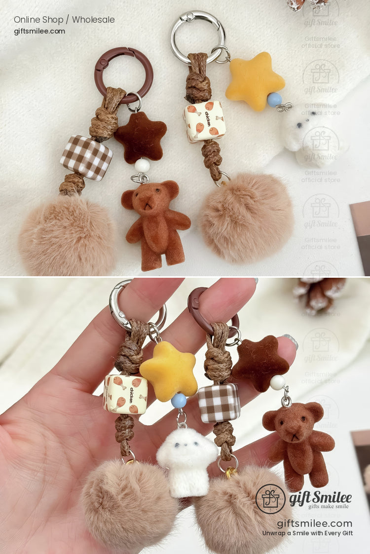 Keychains with beige fluffy pompoms brown teddy bears yellow stars plaid beads and braided rope loops