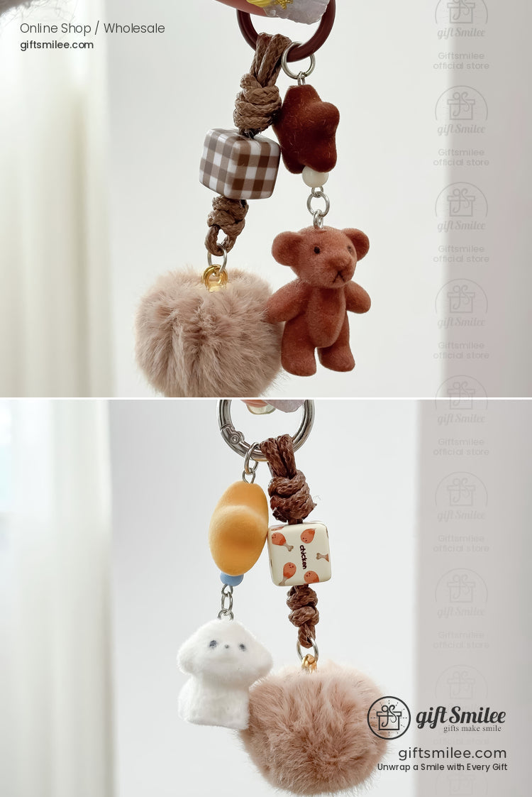 Soft brown keychain with teddy bear charm gingham cube beige pompom and braided cord featuring playful accents