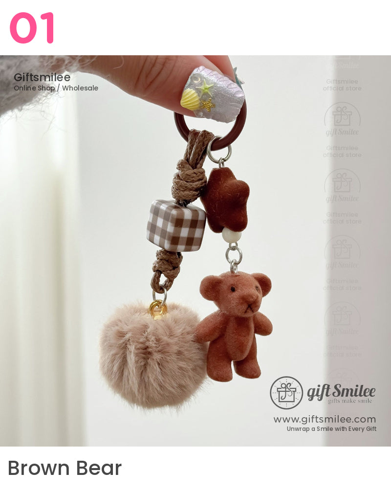 Brown braided keychain with gingham cube plush teddy charm faux fur pompom and star accent