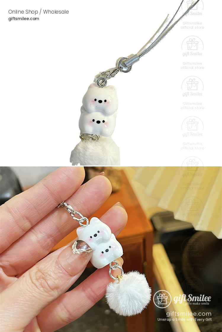 White ceramic bear charm with black eyes fluffy pompom silver chain and phone strap combining cute and elegant details