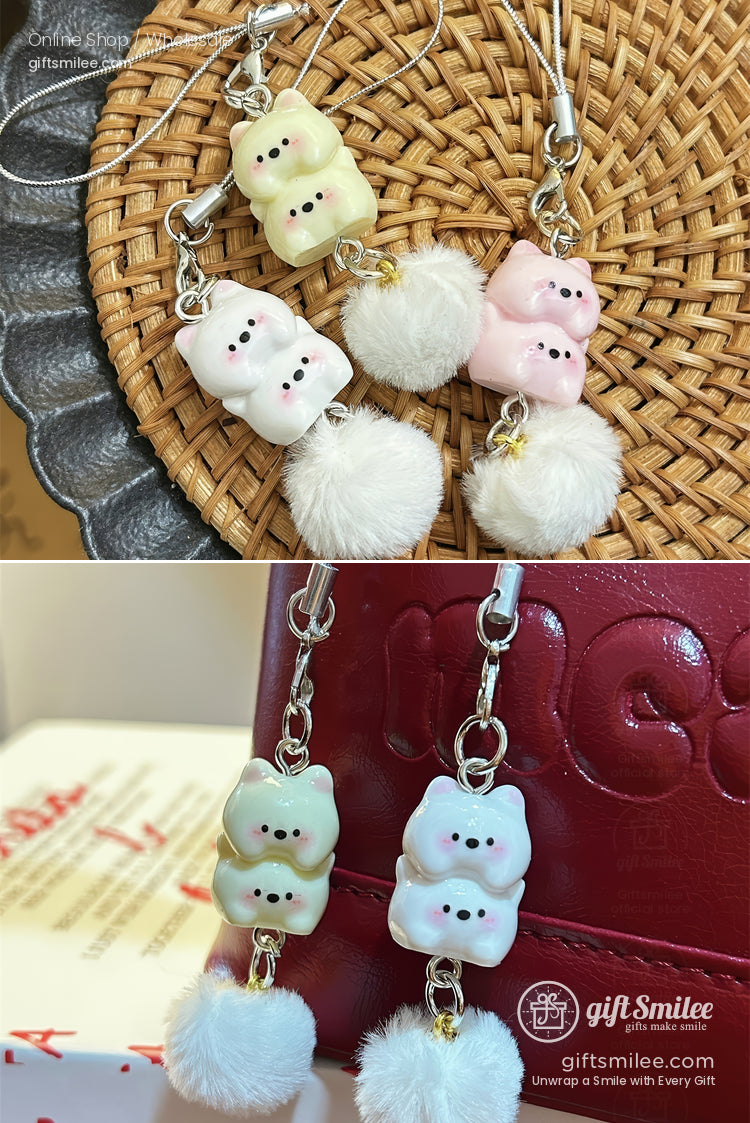 Pastel ceramic bear charm keychains with white fluffy pompoms silver hardware and whimsical designs
