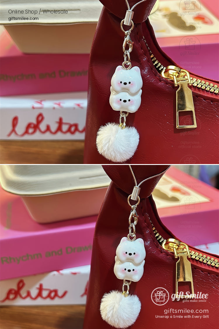 Hand-Painted Resin Puppy Duo With Faux-Fur Pom 6.6G Phone Strap Keychain | KS-MX-070