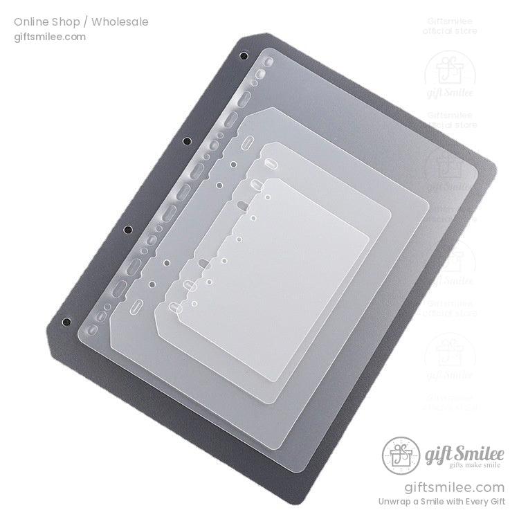 Transparent plastic binder dividers in various sizes with tabbed edges and prepunched holes on a gray background
