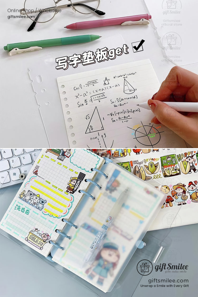 Transparent plastic binder with colorful planner inserts detachable pages and pastel pens for writing and organization