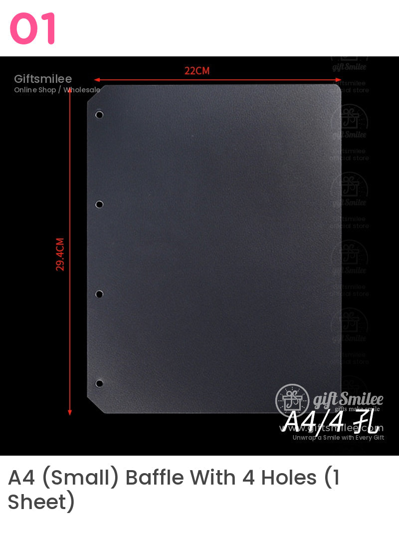 Black A4sized plastic binder divider with four prepunched holes matte finish and precise 22x294 cm dimensions