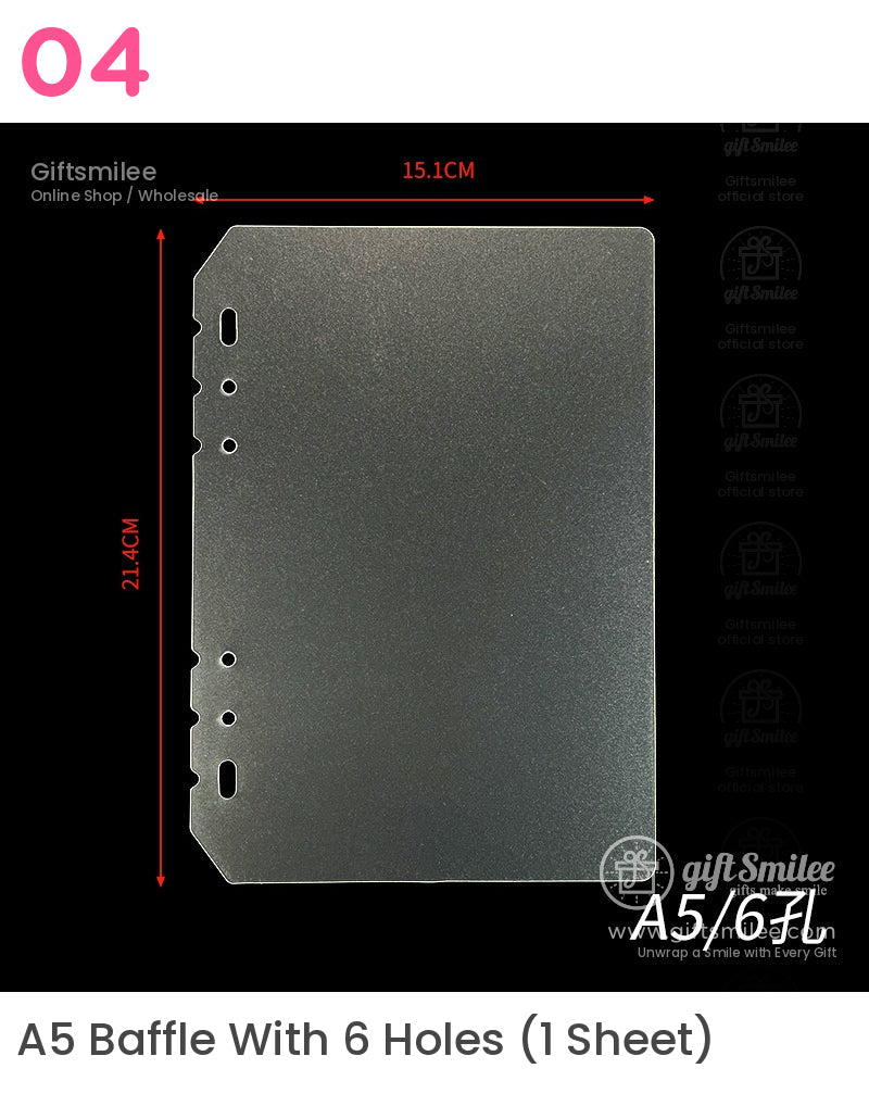 Transparent A5 divider with six prepunched holes durable plastic material smooth edges 214cm x 151cm dimensions
