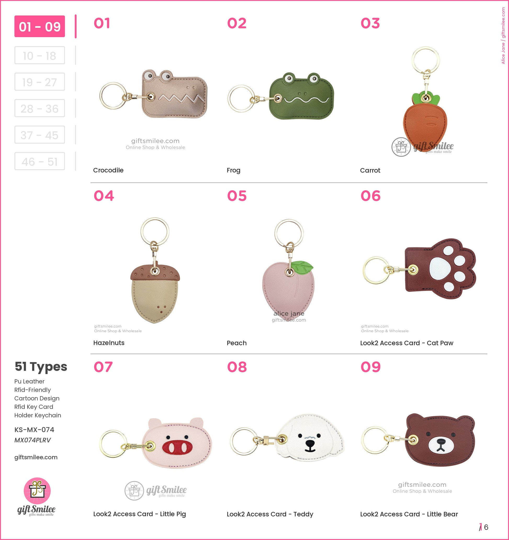 Assorted PU leather keychains in animal and fruit shapes featuring crocodile frog carrot hazelnut peach and paw designs