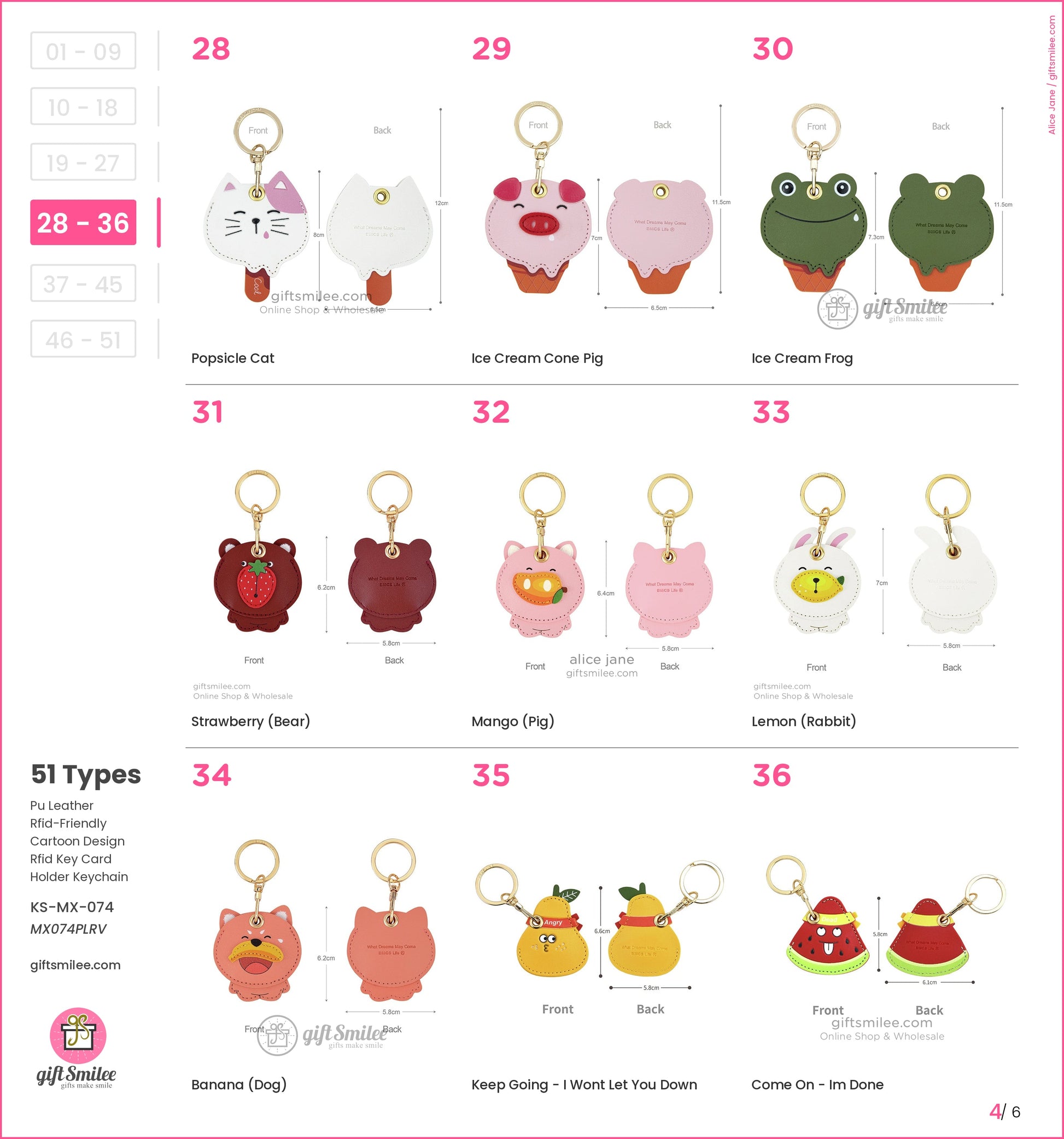 Cartoon PU leather keychains with gold rings playful animal and fruit designs like cat pig frog bear rabbit and watermelon