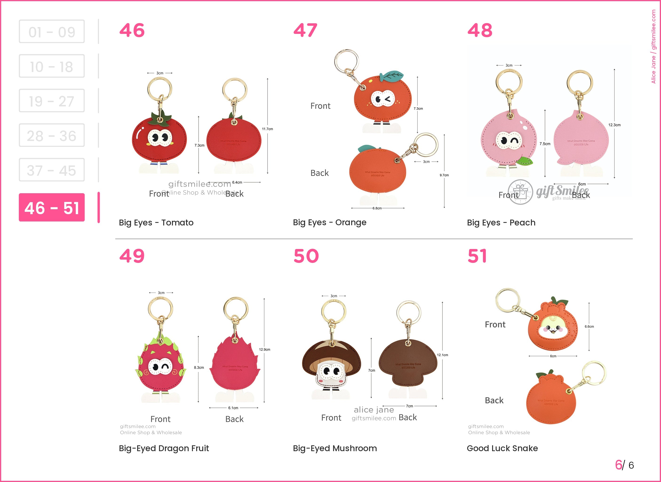 Vibrant keychains with gold rings tomato orange peach dragon fruit mushroom and snake designs with cartoon eyes