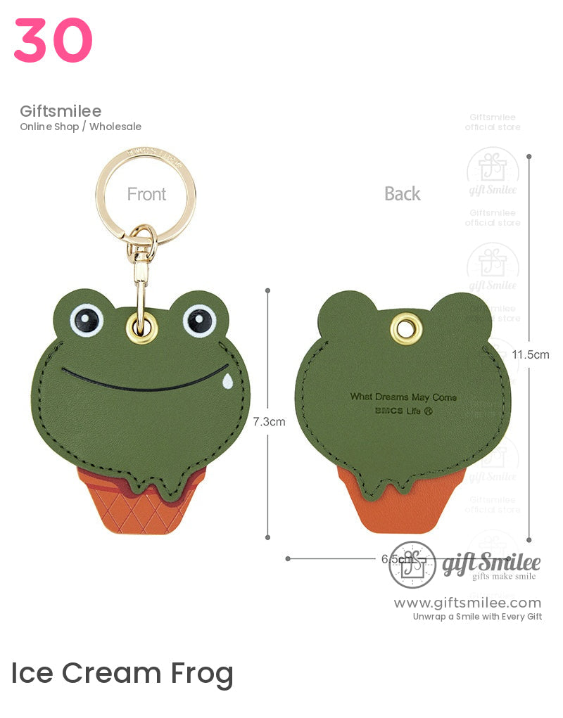 Green faux leather frogshaped keychain with embroidered smile gold metal ring and orange textured base