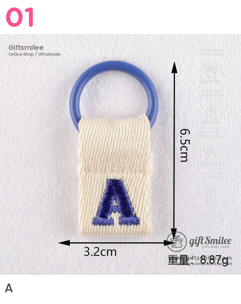 Cream cotton keychain with embroidered blue A and attached cobalt ring measuring 65cm x 32cm weight 887g