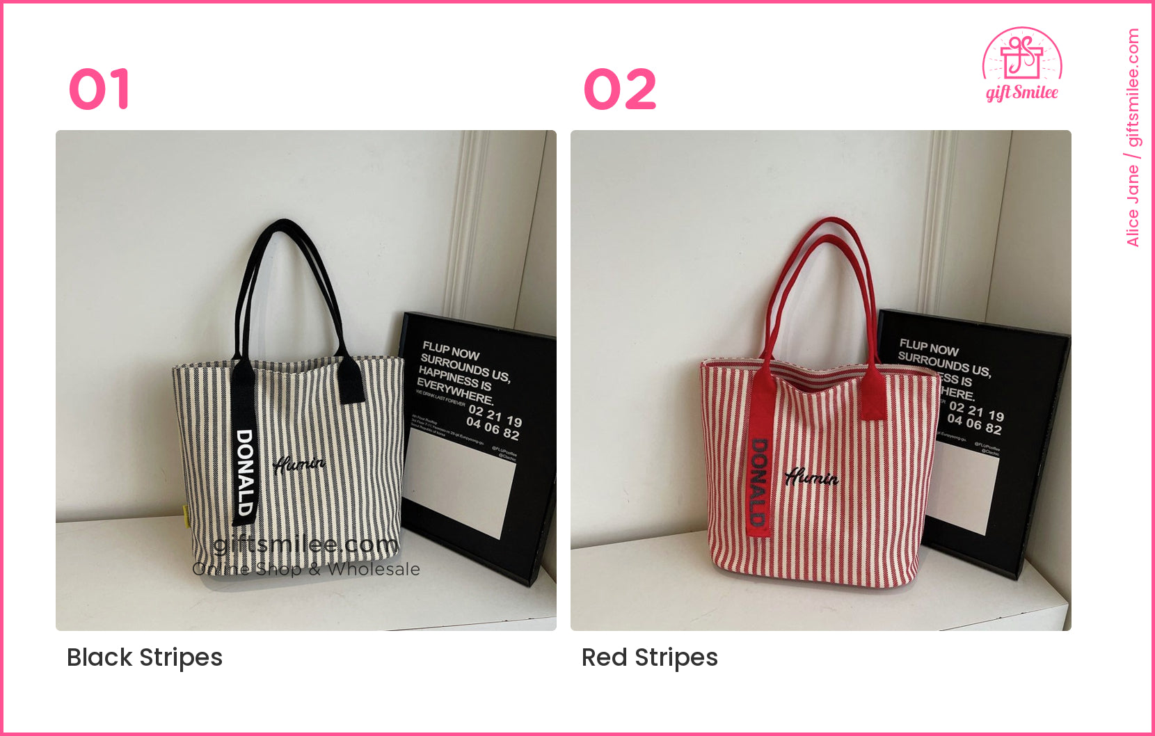 Black and white striped canvas tote bag with black handles embroidered text and a contrasting black strap detail  