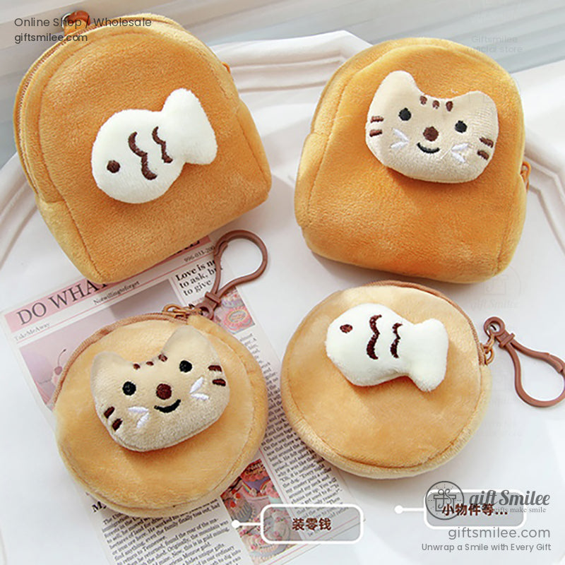 Plush orange mini backpack and round pouches with smiling cat and fish appliqus soft texture and brown clips