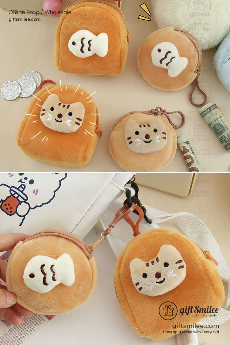 Orange plush coin pouches shaped like cats and fish featuring soft fabric zipper closures and keychain loops