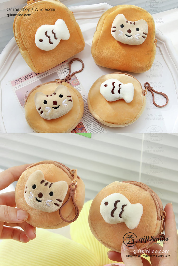 Beige plush coin purses and mini backpacks with cat and fish appliques soft velvet texture and zipper closures