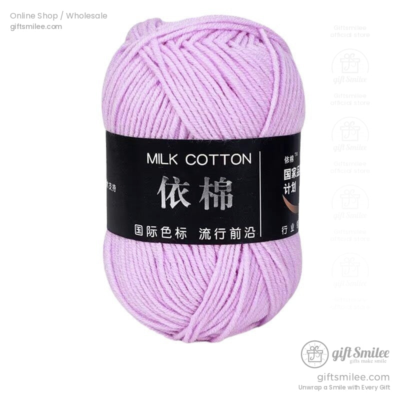 Light lavender milk cotton yarn soft texture suitable for knitting and crochet wrapped in a black label