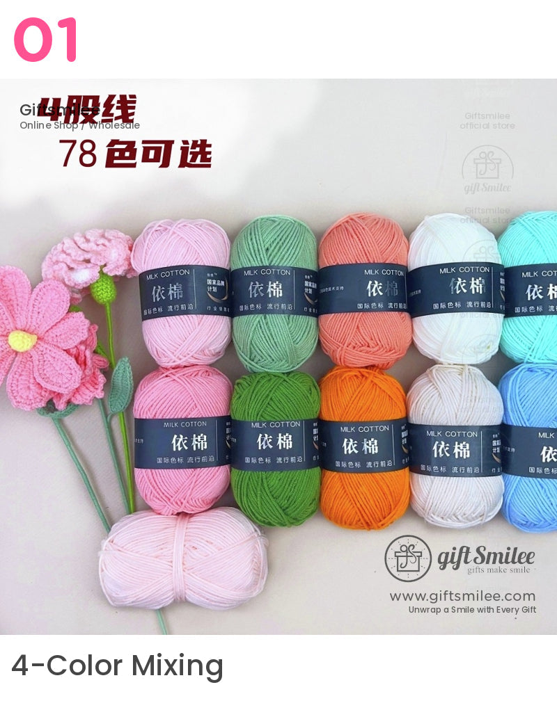 Assorted pastel milk cotton yarn skeins in pink green orange blue and white ideal for soft knitting projects