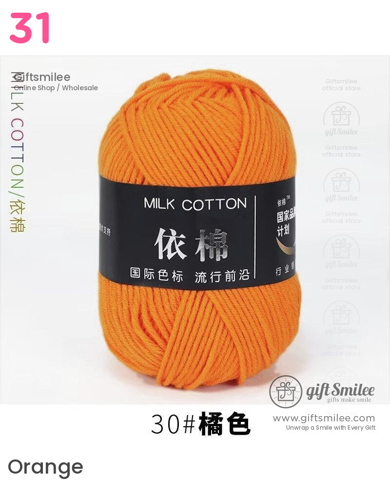 Bright orange milk cotton yarn ball soft texture perfect for knitting and crochet projects labeled in black