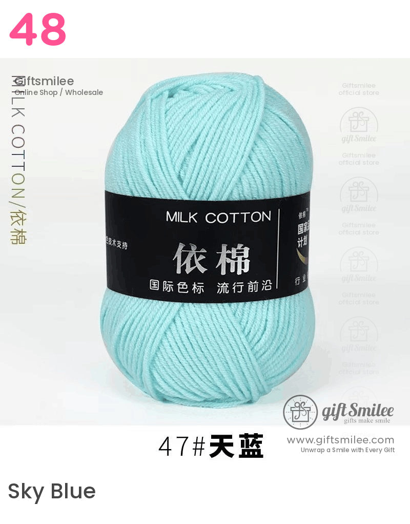Light blue milk cotton yarn with a soft texture durable fibers and a black label featuring white Chinese characters