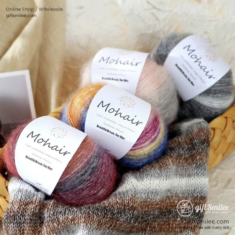 Multicolored mohair yarn balls in vibrant hues on a striped knit blanket within a woven basket soft and textured