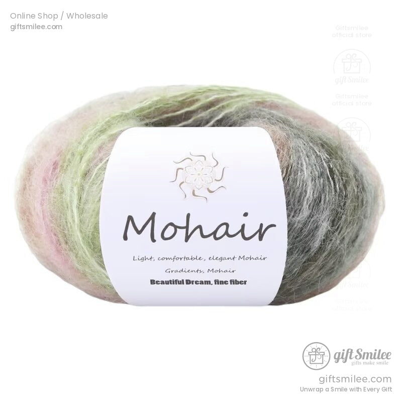 Soft gradient mohair yarn in green pink and gray tones with fine texture labeled for elegant lightweight crafting