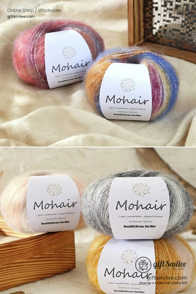 Soft mohair yarn in vibrant multicolor shades including pink blue and yellow ideal for lightweight knits