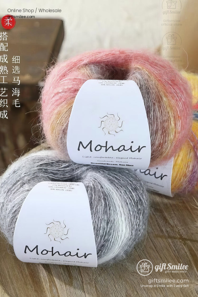 Soft mohair yarn in pastel pink yellow and gray tones featuring a fluffy texture ideal for knitting projects