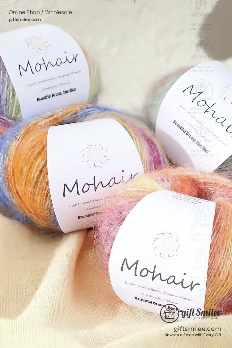 Multicolored mohair yarn balls in peach lavender and green hues soft texture labeled for knitting and crafting