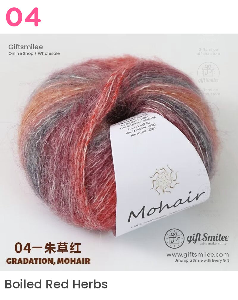 Multicolor mohair yarn in red orange gray tones soft blend of wool cashmere and nylon with fluffy texture