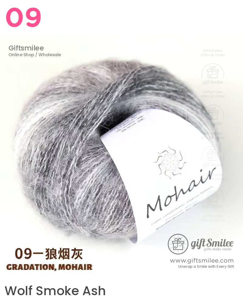 Soft gray gradient mohair yarn with white highlights lightweight and fluffy texture ideal for knitting projects
