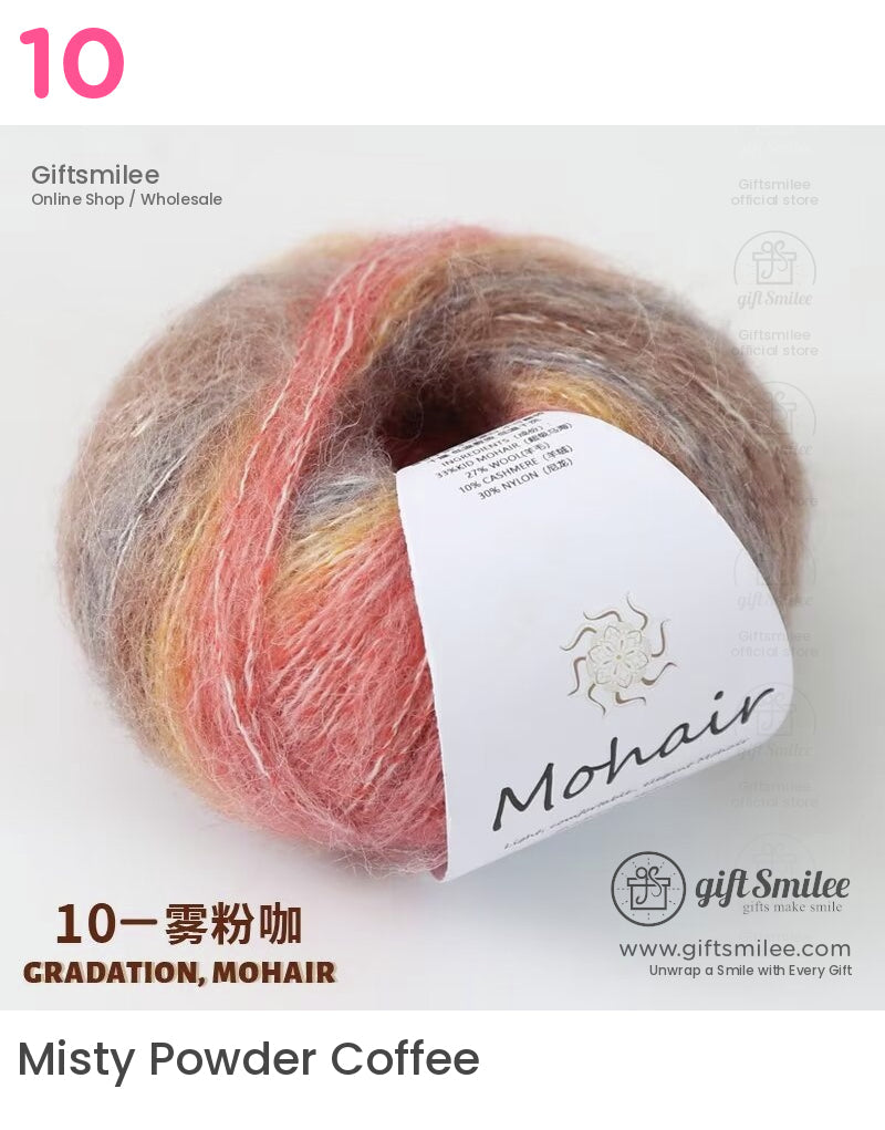 Soft gradient mohair yarn in pink gray and yellow tones featuring a lightweight blend of wool nylon and acrylic