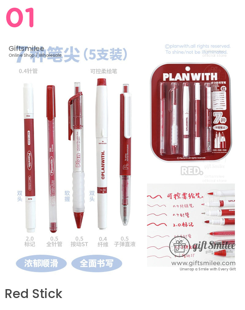 7-Tip Redblack Quick-Dry Ink Set Multi-Tip Writing Pen Set | KS-MX-082