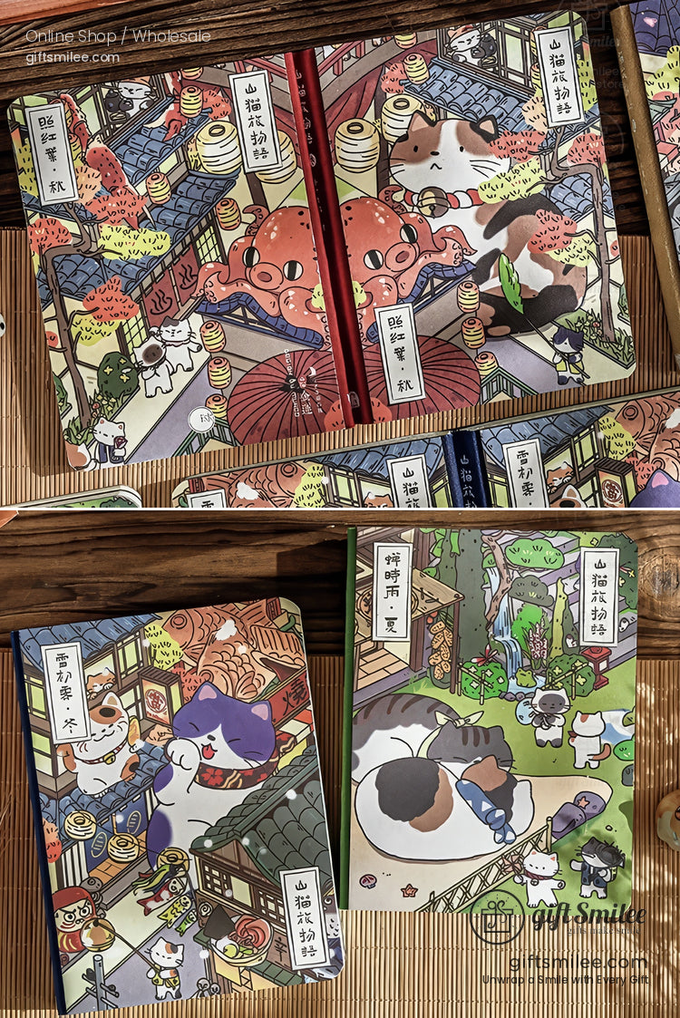 Illustrated notebooks with colorful Japanese street and nature scenes featuring playful cats and intricate details