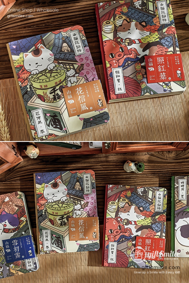 Colorful Japanesethemed notebooks with cat illustrations vibrant patterns red and gold accents and intricate details