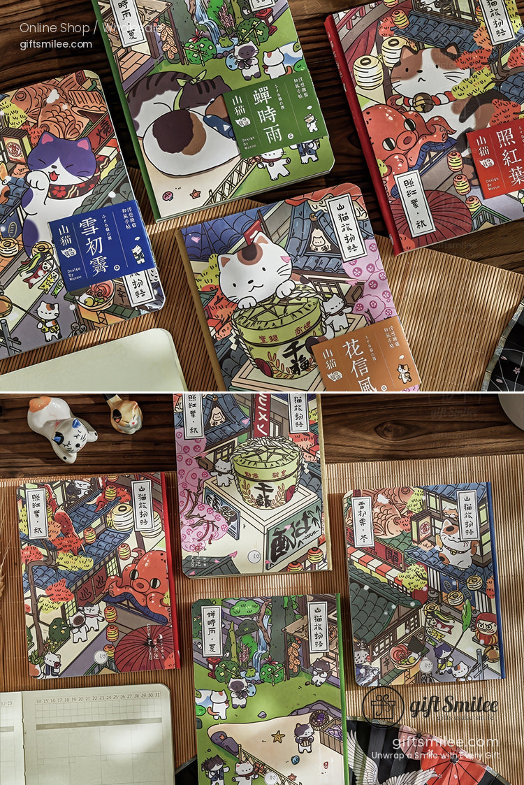 Colorful Japanesestyle notebooks featuring illustrated cat designs intricate patterns and vibrant traditional motifs