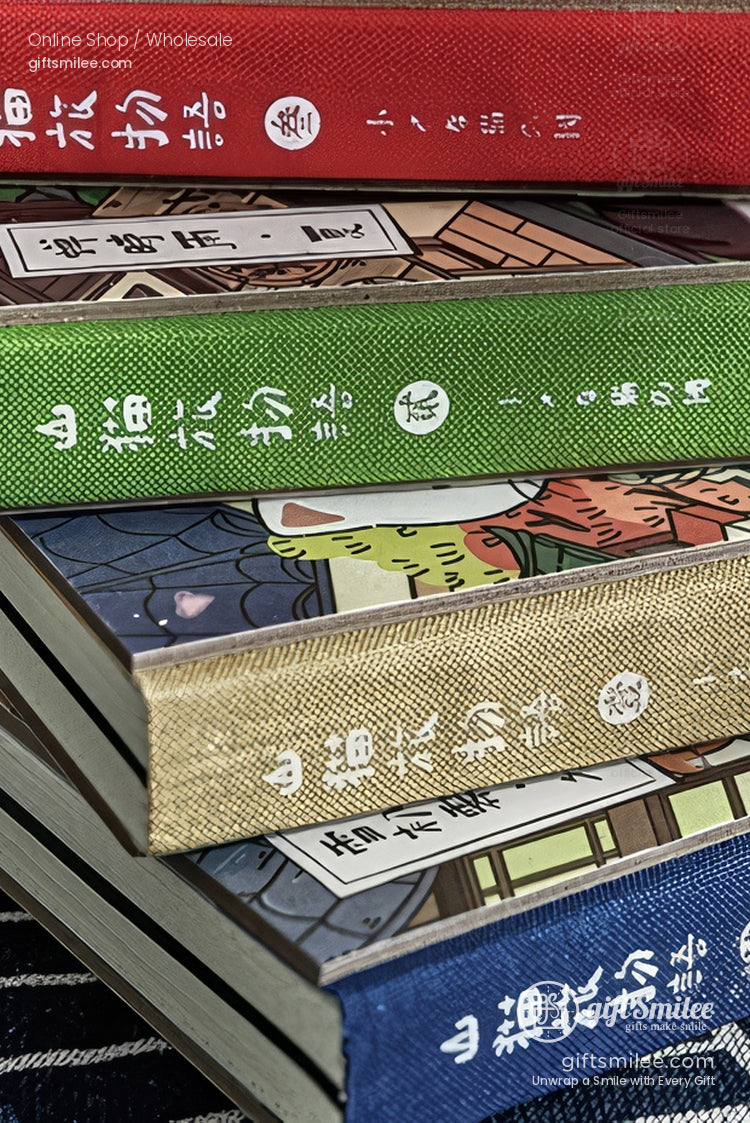 Stack of colorful hardcover books with textured covers in red green gold and blue featuring Japanese characters