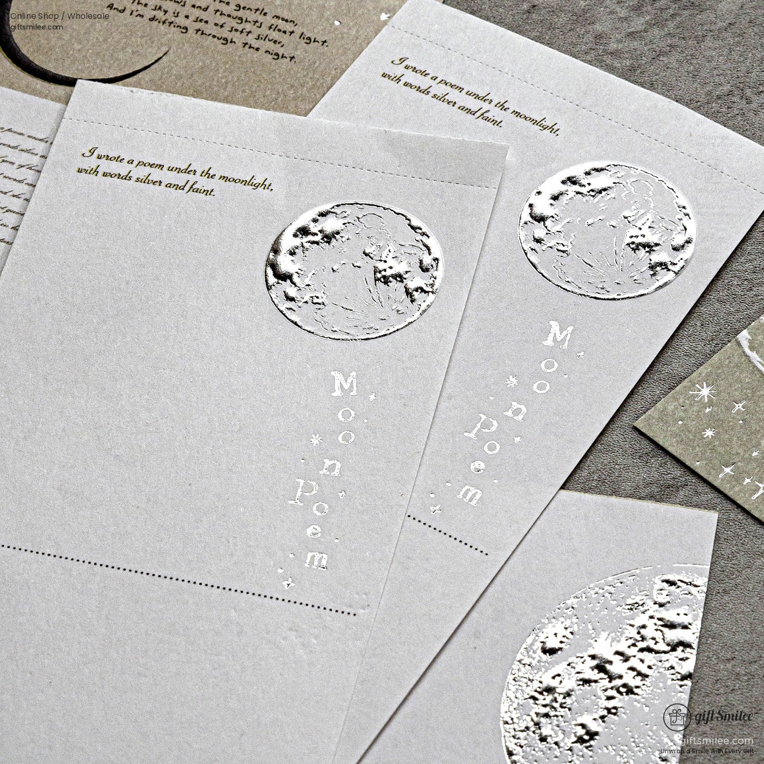 Silver-foil moon embossed stationery set – “Moon Poem” minimalist letter paper for journaling and gifts