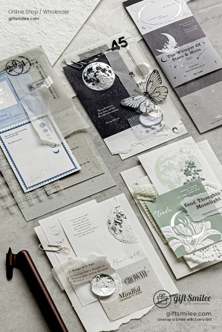 Minimalist moon and botanical-themed stationery flat lay with layered journals, stickers, and wax seal by GiftSmilee, perfect for scrapbooking and pen pals