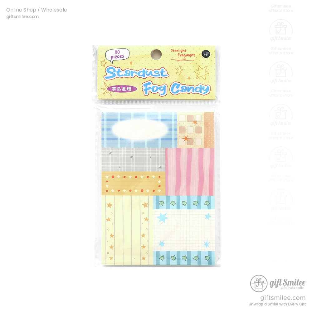 Pastel sticky notes set with star stripe and grid patterns in blue pink yellow and orange tones 80 pieces