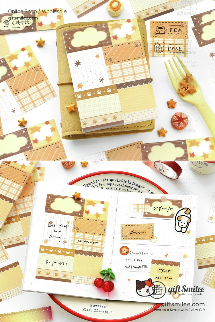 Beige and brown cafthemed stationery set with grid patterns cloud stickers washi tape and a leather journal cover