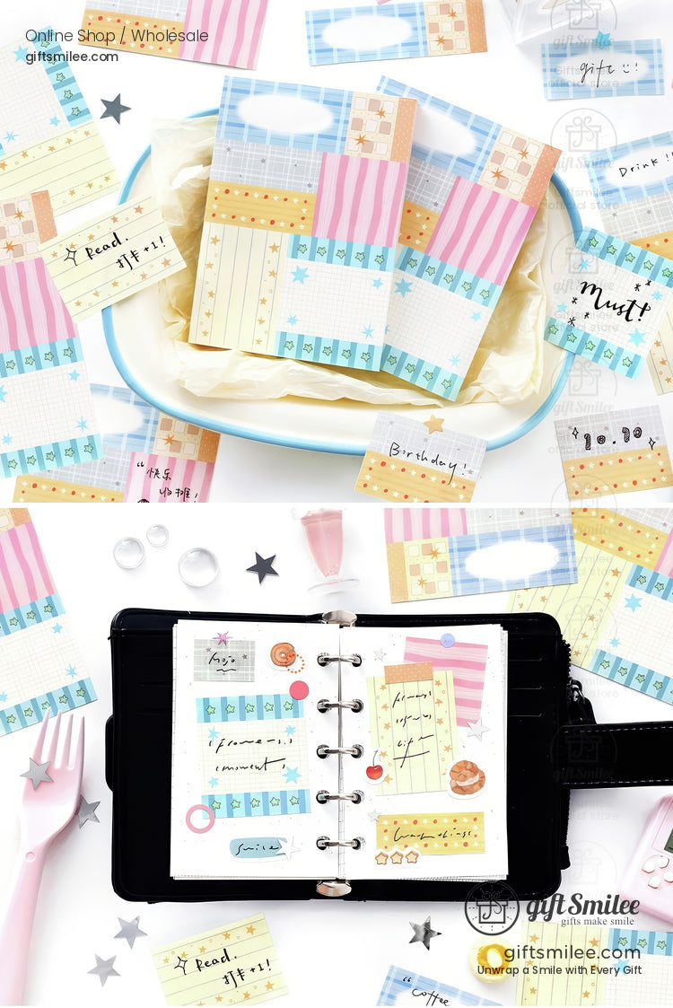 Pastelcolored sticky notes with stripes grids and patterns ideal for planners and journaling in playful designs