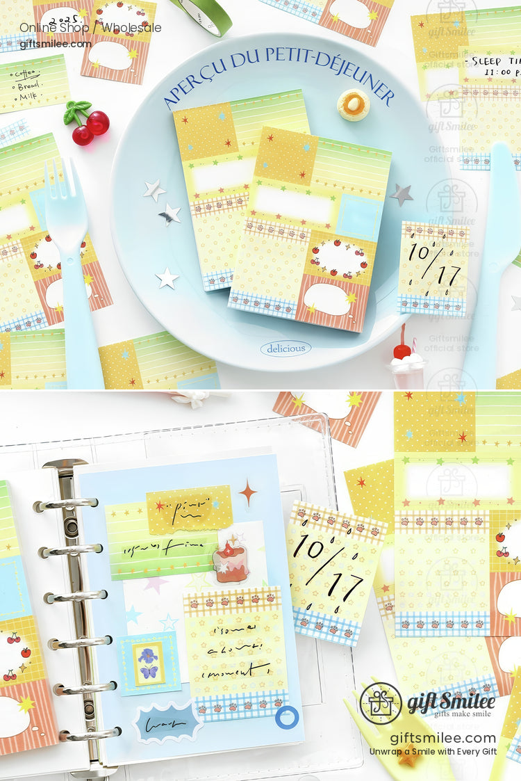 Pastel sticky notes with food and calendar designs featuring soft yellow blue and orange tones on a breakfastthemed setting