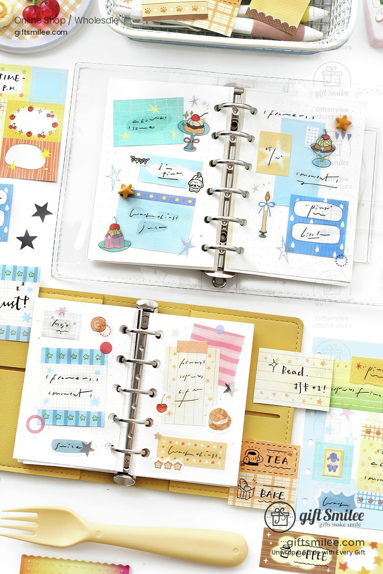 Open planners with colorful decorative stickers pastel designs playful illustrations and organized layouts